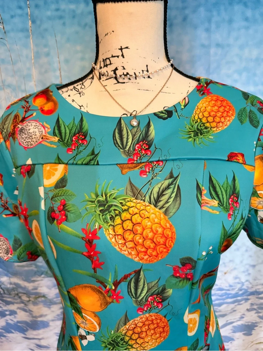 New York & Company Turquoise Pineapple & Citrus Print Midi Dress